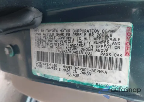 1998 Toyota Camry Le V6 из США, поврежденный, VIN JT2BF22K3W0131801